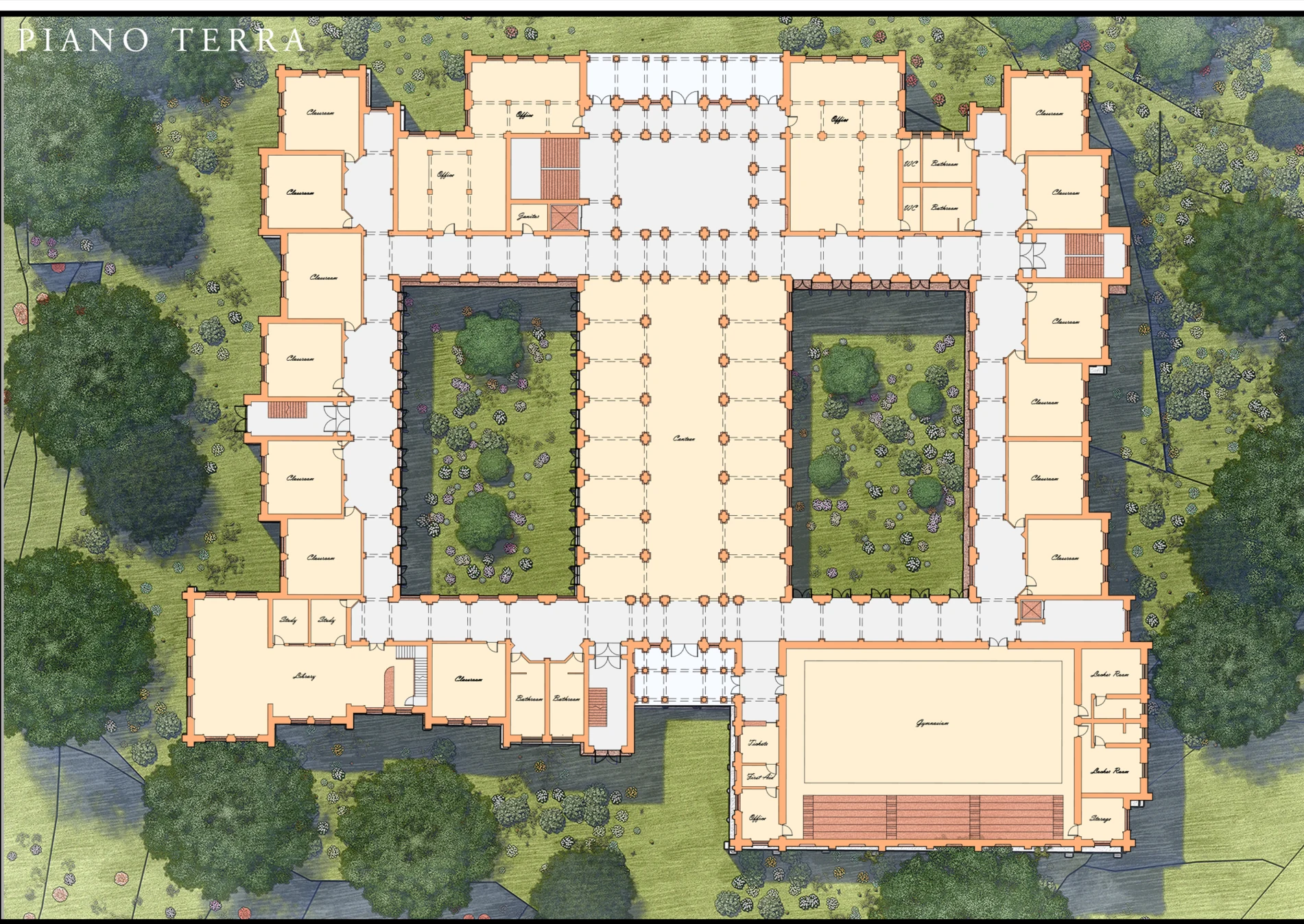 Ground-floor plan with two planted courtyards, central hall, classrooms, library and gymnasium.