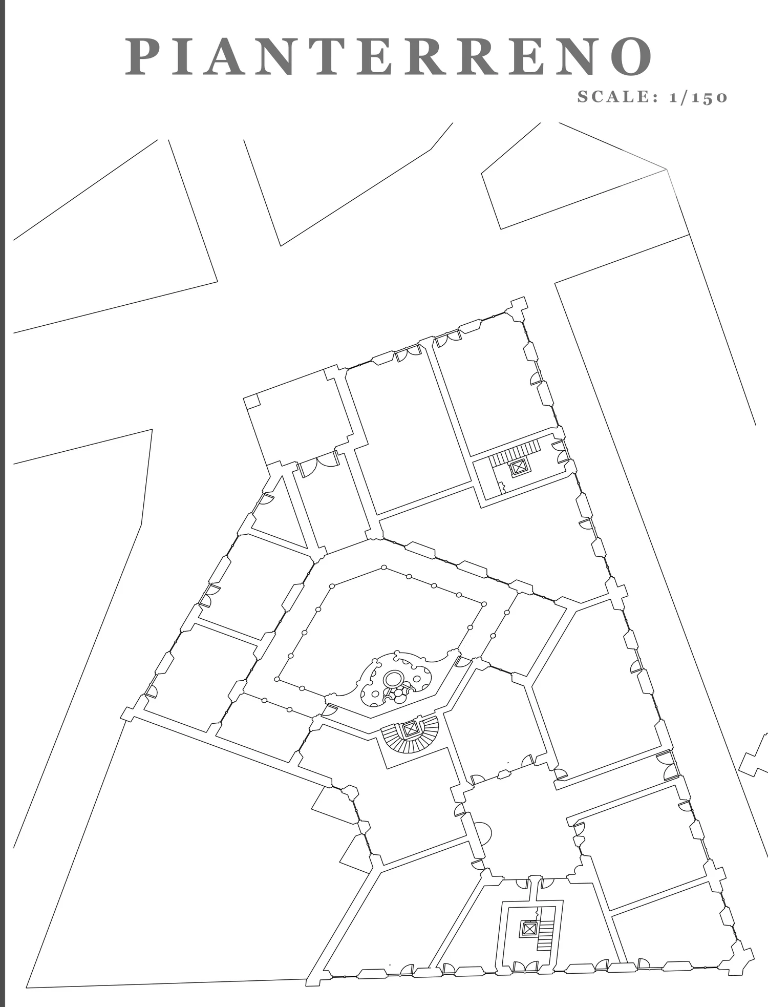 Palazzo ground-floor plan showing an irregular perimeter, rooms along streets and connected interior courts.