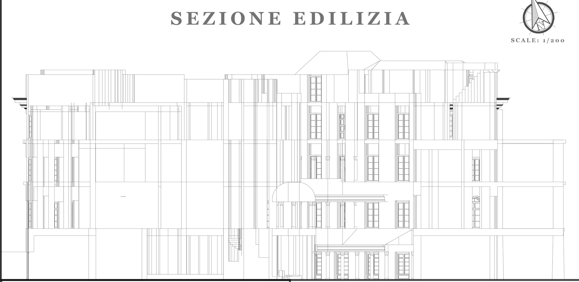 Palazzo building section showing housing levels surrounding an internal court and a central feature.