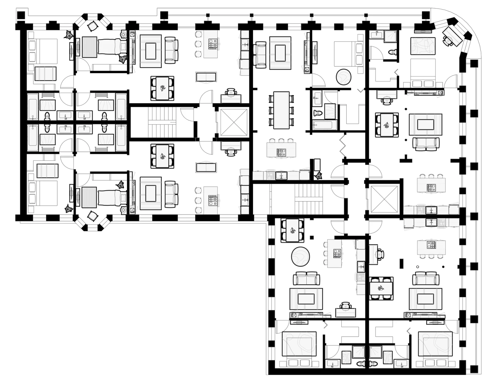 Typical apartment floor plan showing an L-shaped arrangement, apartments and two stair-and-lift cores.